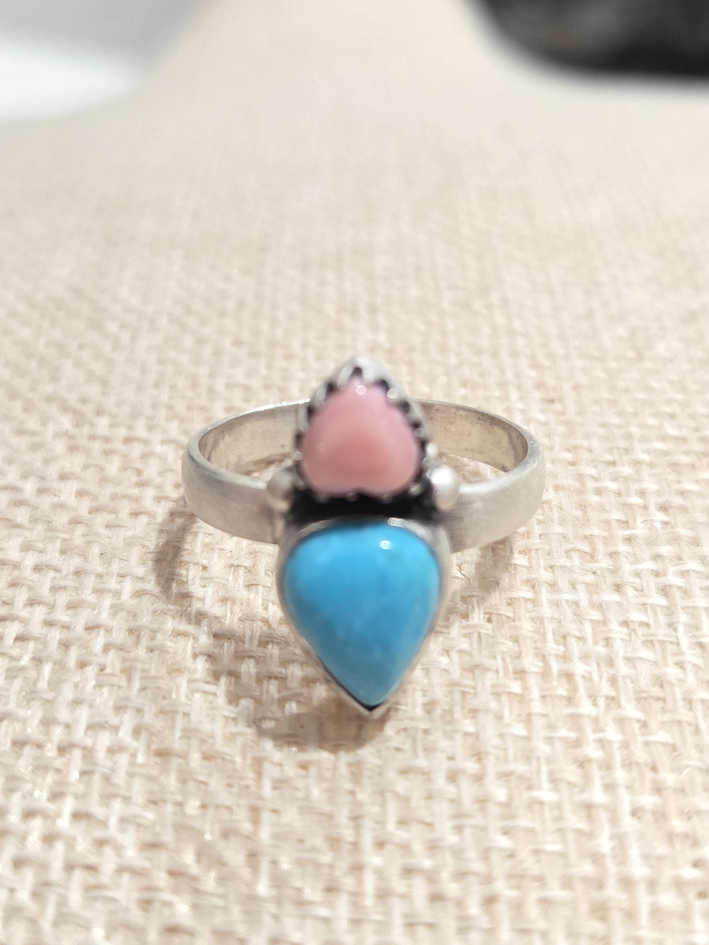 Sterling Silver Teardrop Turquoise & Pink Stone Ring